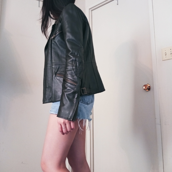 Leather Moto Jacket, Dark Green - Picture 4 of 8